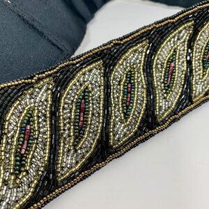 90s TALBOTS Fabric Beaded Black Gold Silver Red 2.25” WIDE Belt SZ S Hook Loop